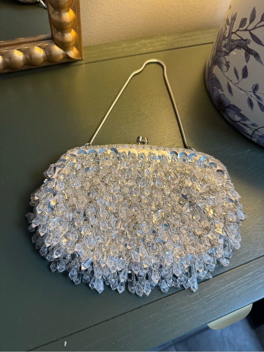 Vintage Crystal Beaded Evening Clutch Handbag - Silver